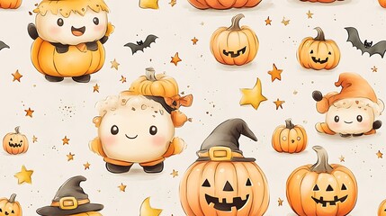 Fototapeta premium Whimsical doodle-style seamless pattern of smiling candy corn characters in Halloween costumes, trick-or-treating with tiny pumpkins, surrounded by floating stars, bats, and moons, soft pastel colors,