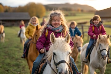 Fototapeta premium Children enjoying a fun horse riding experience in a picturesque countryside during autumn golden hour