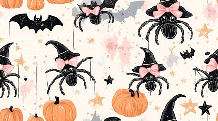 Whimsical doodle-style seamless pattern of spiders with witch hats and bows hanging on webs, surrounded by stars, bats, pumpkins, and magical sparkles, soft pastel colors,