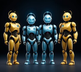 Obraz premium A charming digital illustration of a group of friendly robots posing together. The colorful and cheerful design highlights the concept of companionship and technology, making it ideal for tech and