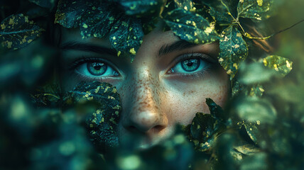 Close-Up of Woman's Eyes Peering Through Lush Green Leaves, Nature-Inspired Portrait with Freckles and Intense Blue Eyes in a Mystical Forest Setting