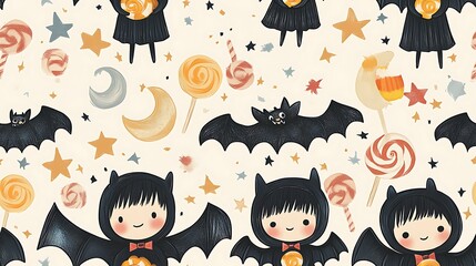 Whimsical doodle-style seamless pattern of tiny vampires with bat wings, holding candy corn and lollipops, surrounded by floating stars, moons, and playful candy swirls, soft pastel colors,