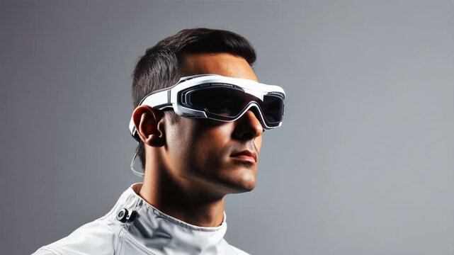 A male engineer with a serious expression, wearing safety glasses 