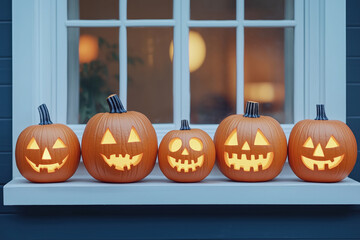 Obraz premium Jack-o'-Lantern Family Portrait: Five intricately carved pumpkins glow on a windowsill, casting an eerie orange light against the twilight. 
