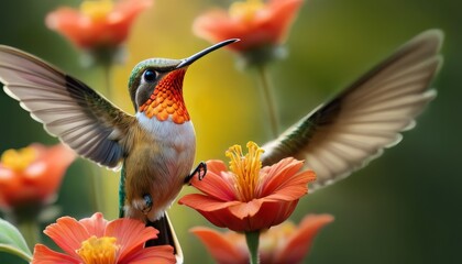 A stunning close-up of a hummingbird with iridescent feathers, perched on a bright orange flower. The bird's wings are spread wide, highlighting the intricate details and colors, against a lush green