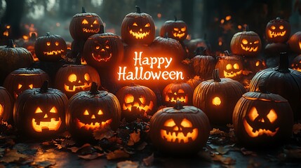 Fototapeta premium A collection of glowing Jack-o'-Lanterns with various carved faces, surrounding the glowing text 