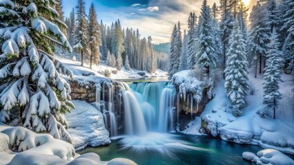 Curtain waterfalls in January drop into a serene winter wonderland, surrounded by snow-covered pines and frosty air.