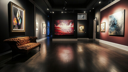 Modern Art Gallery Interior with Abstract Paintings and Elegant Furniture, Showcasing Contemporary Art Exhibits in a Sophisticated, Well-Lit Environment