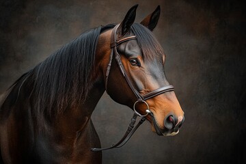 Majestic brown horse portrait with a detailed bridle against a dark background in a serene setting