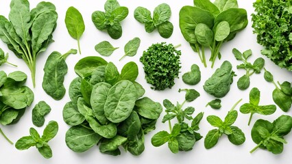 Organic herbs and greens including spinach, kale, and mint on white background with ample copy space. Garden greens concept.