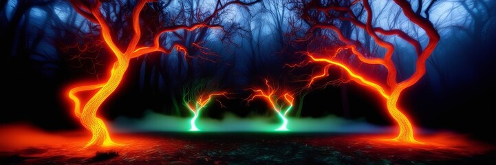 Fototapeta premium A haunting landscape with glowing trees in a dark misty forest. The trees emit an eerie orange and green light. Halloween copy space template website banner