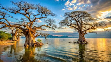 Lake Nyasa (Another name for Lake Malawi) in the morning, where the lake's shoreline is dotted with ancient, gnarled trees, their twisted branches stretching out like withered fingers.