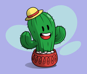 A smiling cactus wearing a yellow hat, nestled in a red pot with white patterns against a purple background