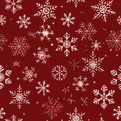 Seamless winter pattern with white snowflakes on a festive red background

