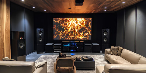 A beautifully designed home theater featuring a giant LED screen and comfortable seating for a perfect movie night