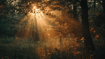 Obraz premium Sunlit Forest Scene with Crepuscular Rays, Dense Foliage, and Golden Light - Captivating Nature Photography Perfect for Environmental and Inspirational Projects