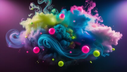 neon clouds and orbs. The composition includes deep blues, bright pinks, greens, and purples. Fairy tale background. Neon smoke, fume, vapor