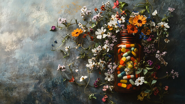 A pill bottle overflowing with flowers and vines, juxtaposing the natural beauty with the dark connotation of narcotics