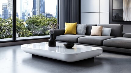 Modern Coffee Table in Augmented Reality Displaying Material Quality, Size Options, and Storage Features in Contemporary Living Room Setting