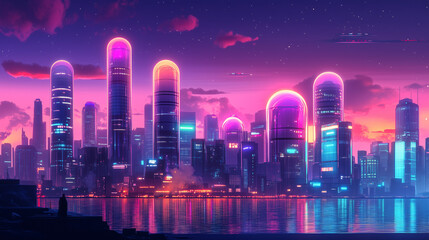 A city skyline at dusk, with the buildings shaped like pill bottles and the streets glowing with neon lights