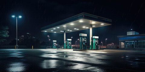 Illuminated Gas Station Oasis on a Rainy Night