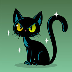 Black Cat with Yellow Eyes: A sleek black cat with captivating yellow eyes, surrounded by twinkling stars, evoking a sense of mystery and magic
