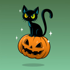 A black cat with piercing yellow eyes perches atop a carved pumpkin, set against a green background adorned with small white stars