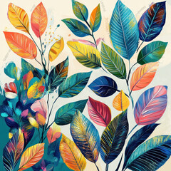 Fototapeta premium Colorful abstract painting of vibrant leaves in various shapes and sizes, showcasing lively and artistic representation of nature.