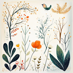 Colorful floral illustration featuring various plants, flowers, and bird, creating vibrant and cheerful atmosphere.