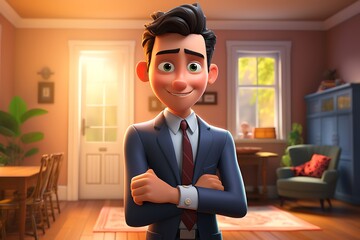 Character Businessman with thumbs up gesture. Real estate concept. 3D Rendering