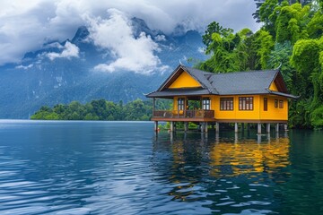Obraz premium vibrant yellow overwater bungalow with a traditional roof, nestled against lush mountains and dense tropical rainforest, elevated over calm, reflective waters for a serene and picturesque escape