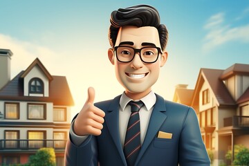 Character Businessman with thumbs up gesture. Real estate concept. 3D Rendering