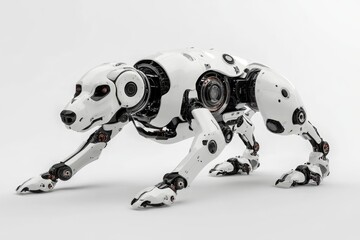 The robot dog adopts a crouched position, highlighting its intricate mechanical structure and sleek white exterior, demonstrating advanced robotics in design