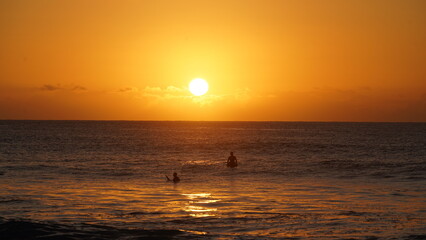 Surfers in the sunset hawaii oahu