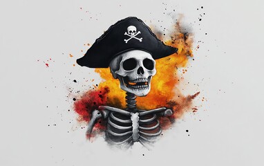 Tiny skeleton pirate clipart, Halloween element, watercolor illustration, crisp lines, skeleton with a pirate hat, isolated on white background