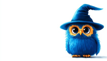Fototapeta premium Cute owl in witch hat clipart, Halloween element, watercolor illustration, sharp edges, tiny owl with a pointy hat, isolated on white background