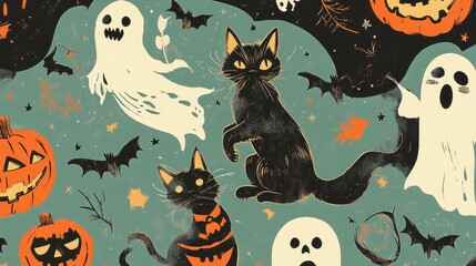 This retro Halloween card showcases playful ghosts, black cats, and pumpkins, capturing the quirky spirit of vintage Halloween celebrations