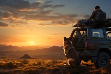 Man and his dog sitting on the back of a camper van in the mountains at sunset