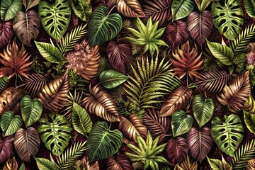 Naklejka premium Dark Pattern With Exotic Leaves