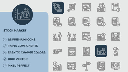 Stock Market Icons set. Vector illustration in modern thin line style of business related icons: teamwork, documents, devices, and more. Pictograms and infographics for mobile apps.