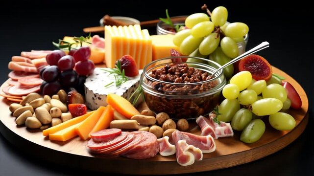 Variety of cheeses and cured meats on a slate board	