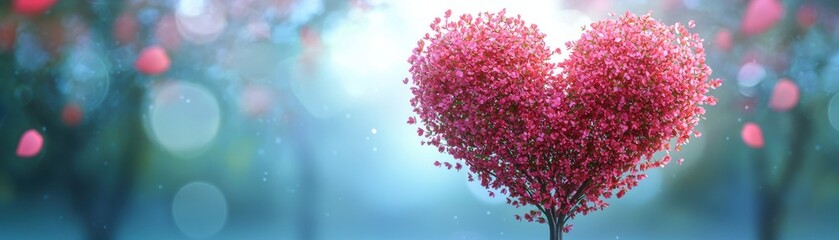 Fototapeta premium A vibrant heart shape made of pink petals, surrounded by a dreamy bokeh effect, symbolizing love and romance in nature.