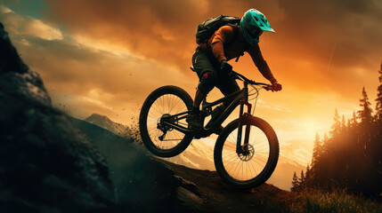 Naklejka premium Sunset Trail Ride: Mountain Biking Adventure