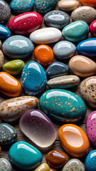 Multi-colored smooth stones close-up, different textures and shades. Generative AI.