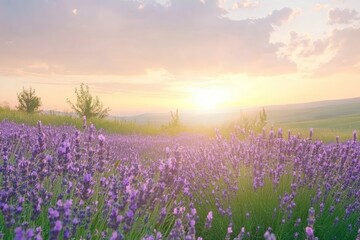 Fototapeta premium Wonderful nature landscape, amazing sunset scenery with blooming lavender flowers. Moody sky, pastel colors on bright landscape view. Floral panoramic meadow nature in lines with trees and horizon, ai