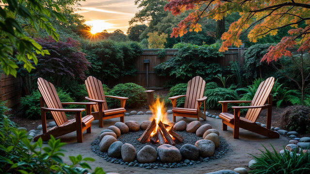 Cozy outdoor setting with stone fire pit surrounded by wooden chairs, and  garden. Generative AI