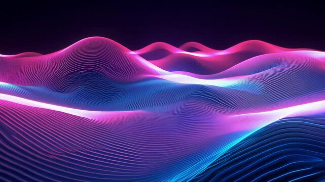Camera movement and effects: static video establishing scene: beautiful abstract wave background with neon texture effect, pink and blue colour rendered in 3d