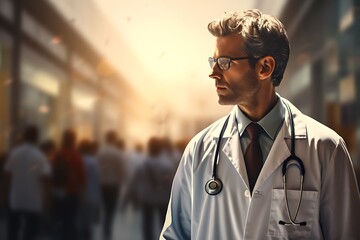 Fototapeta premium Portrait of a serious male doctor with stethoscope in hospital corridor.