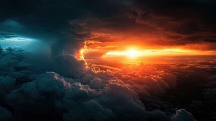 Fototapeta premium Dramatic sunset behind line of thunderstorms, showcasing vibrant colors and dynamic cloud formations. scene evokes sense of awe and wonder.