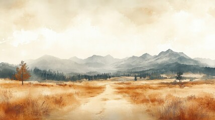 Fototapeta premium Barren land rendered in watercolor style, capturing the arid, desolate landscape with fluid brushstrokes and muted, earthy tones.
